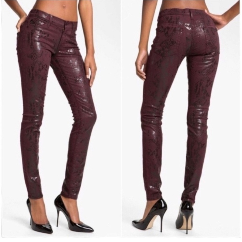 7 For All Mankind Burgundy Snake Skin Skinny Jeans Size 28